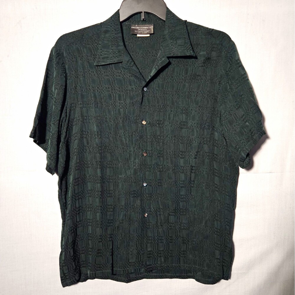 VTG Kweejibo Clothing Co Shirt 100% Rayon Mens M USA Camp Collar Green Textured
